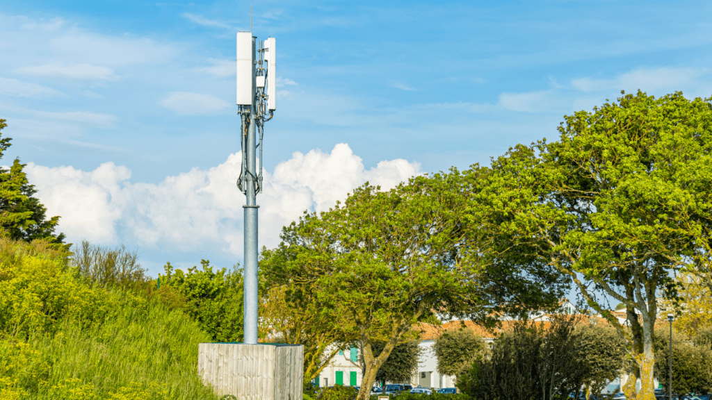 a cell phone tower in the middle of a grassy field