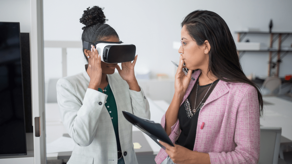 a person in a suit is wearing a virtual reality headset