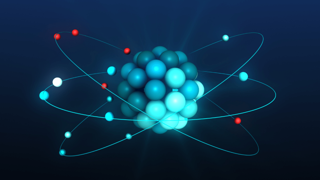 an animated model of an atom on a dark background